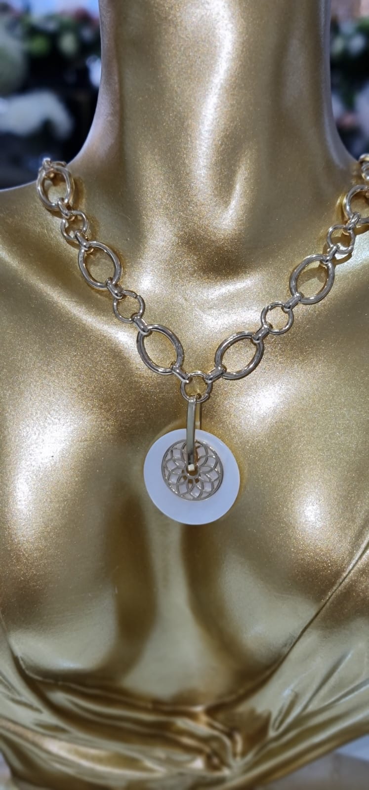Gold Plated Chunky Chain Necklace with White and Gold Round Pendants