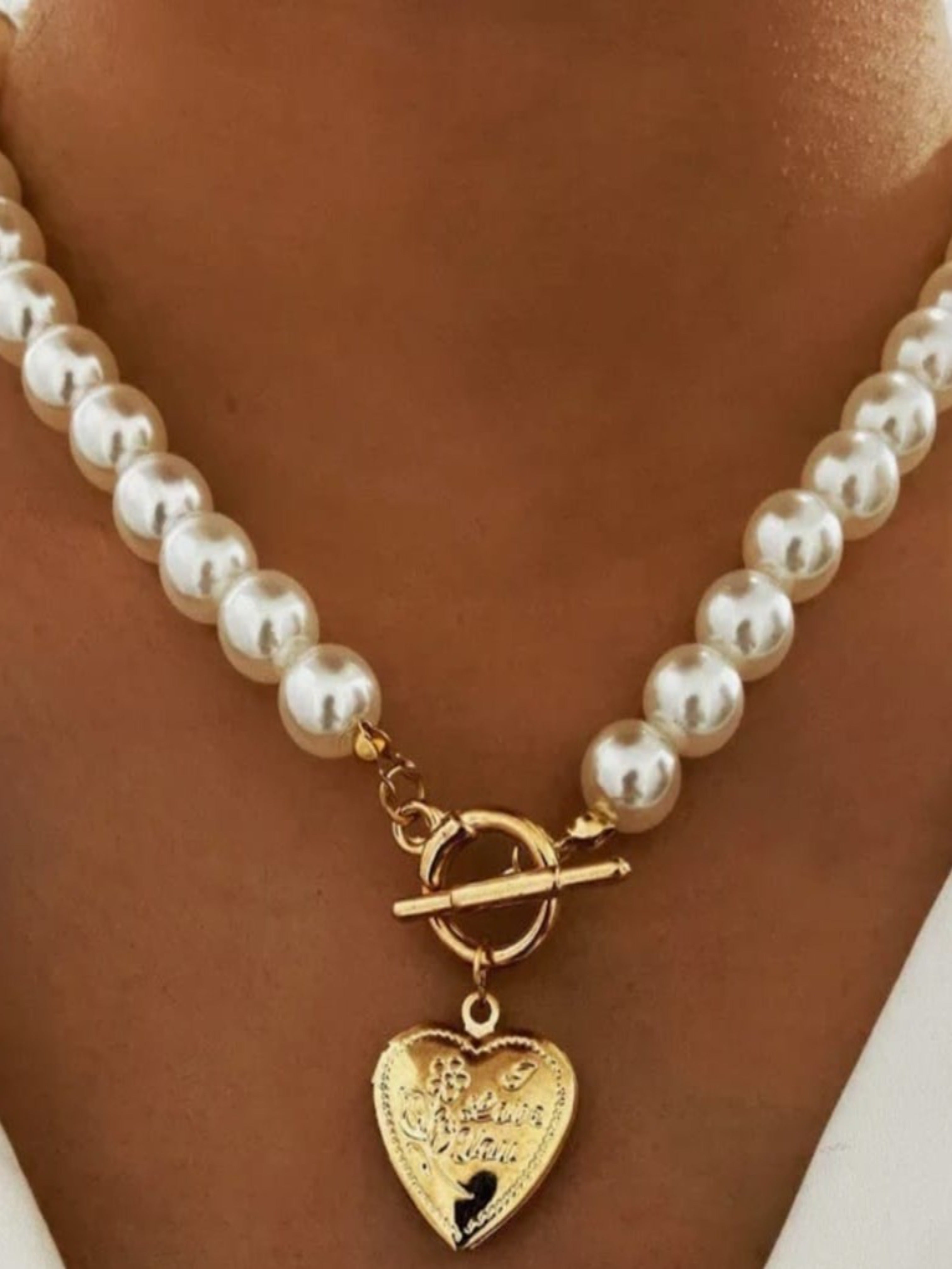Gold Plated Pearl T-Bar Necklace and Heart Pendent with Engravings