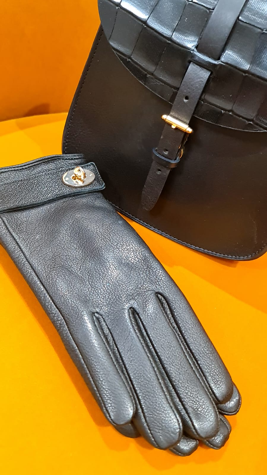 Black Leather Gloves with Gold Clasp