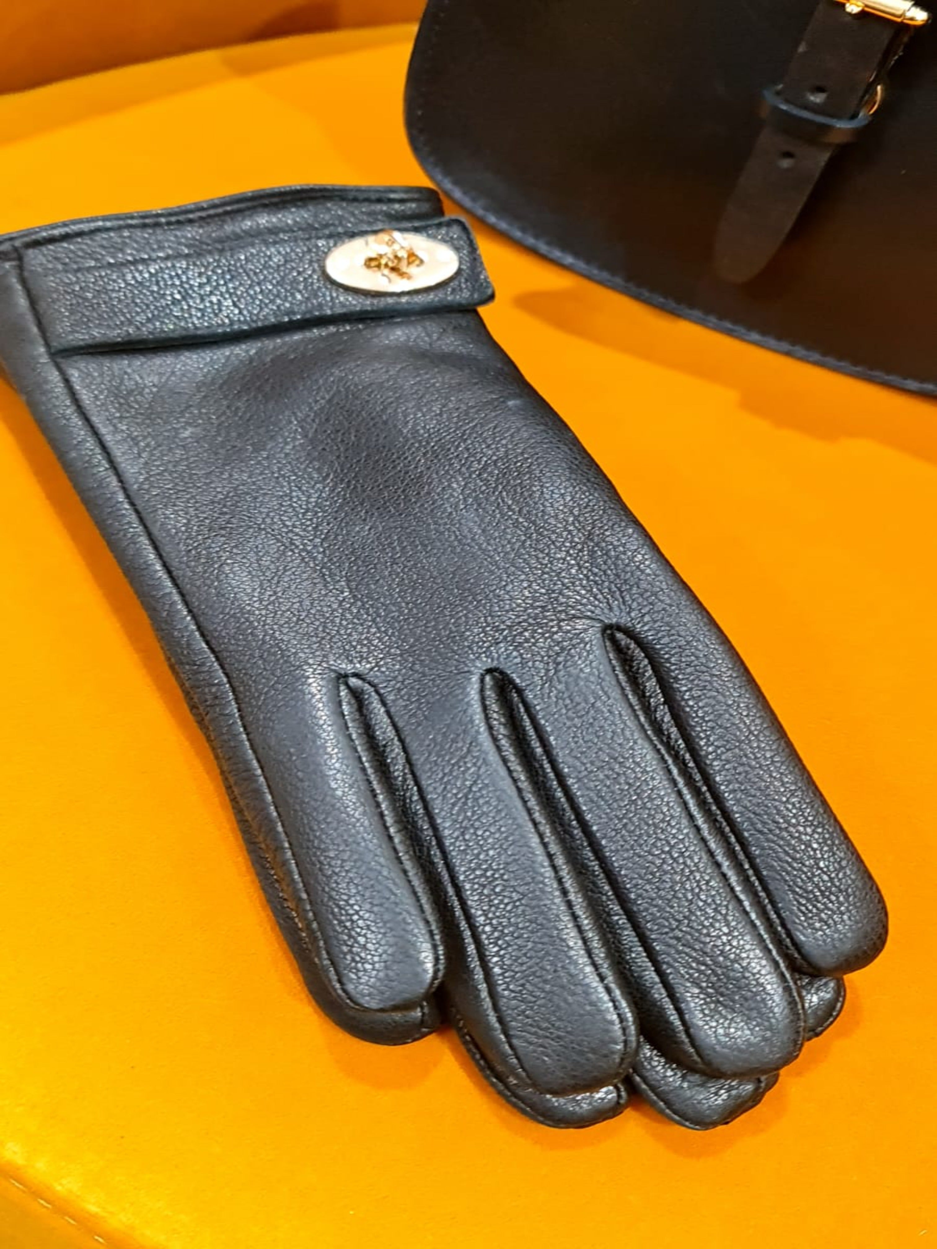 Black Leather Gloves with Gold Clasp