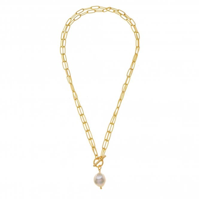 Gold Plated Double Thin Chain T-Bar Necklace with Pearl