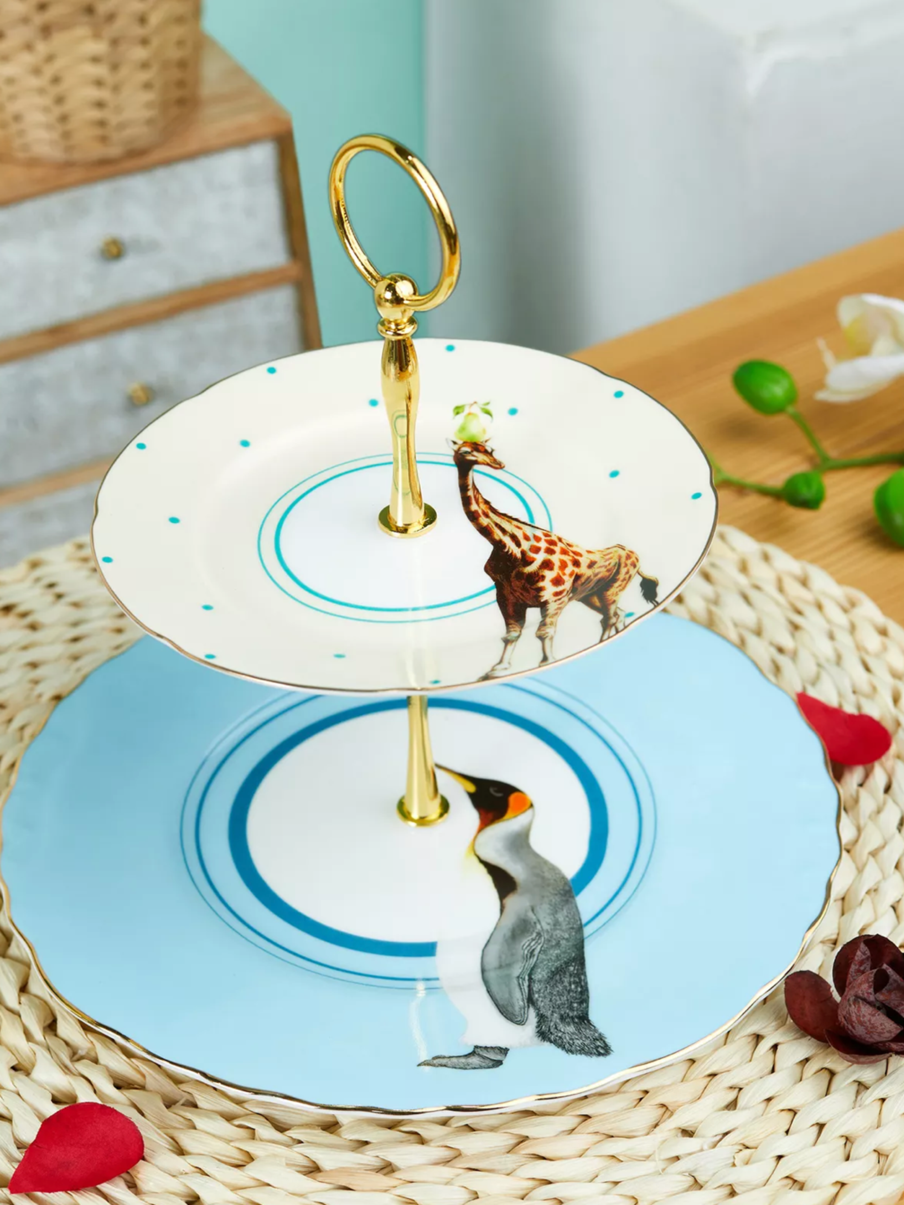 Yvonne Ellen Giraffe and Penguin Two Tier China Cake Stand