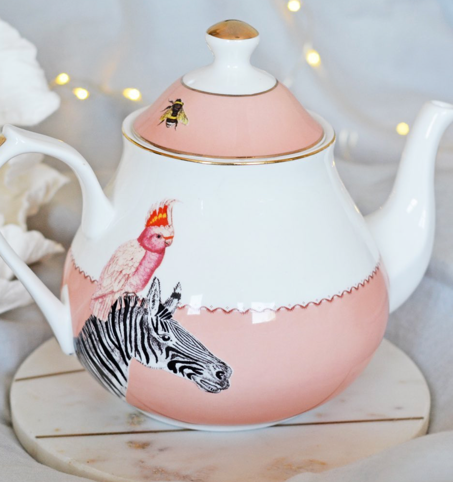 Yvonne Ellen Rose Pink Zebra and Cockatoo China Teapot