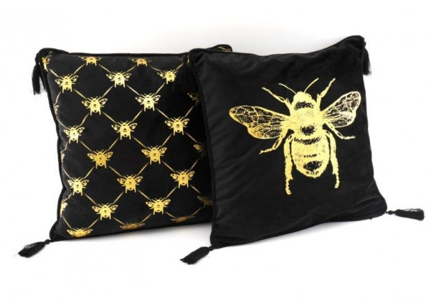 Black Velvet Square Cushion with Gold Bee Design