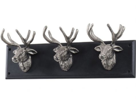 Three Silver Stag Head Wall Hooks on Black Board