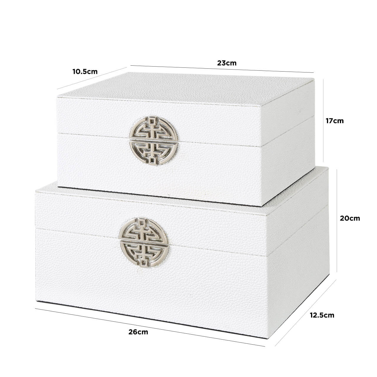 Set of Two White Faux Leather Storage Boxes with Silver Detail