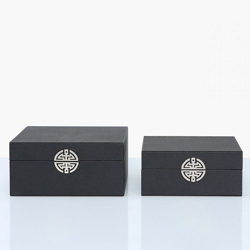 Set of Two Black Faux Leather Storage Boxes with Silver Detail