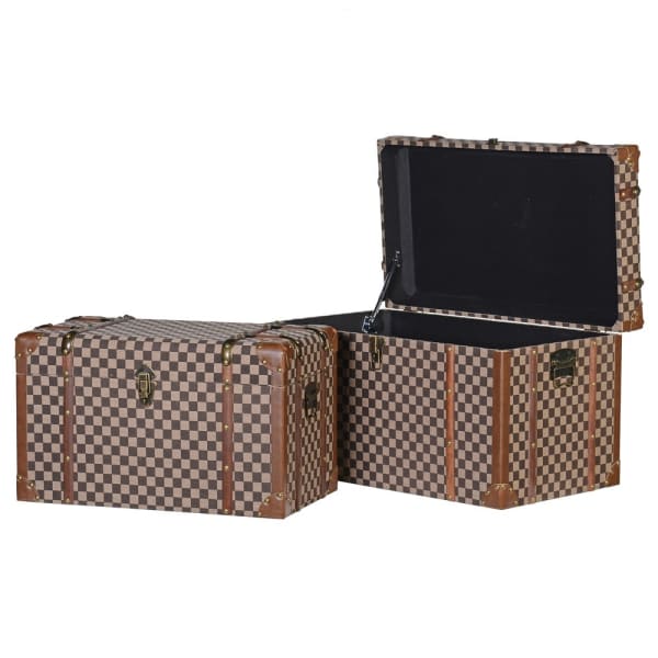 Set of Two Tan and Brown Check Fabric Storage Trunks
