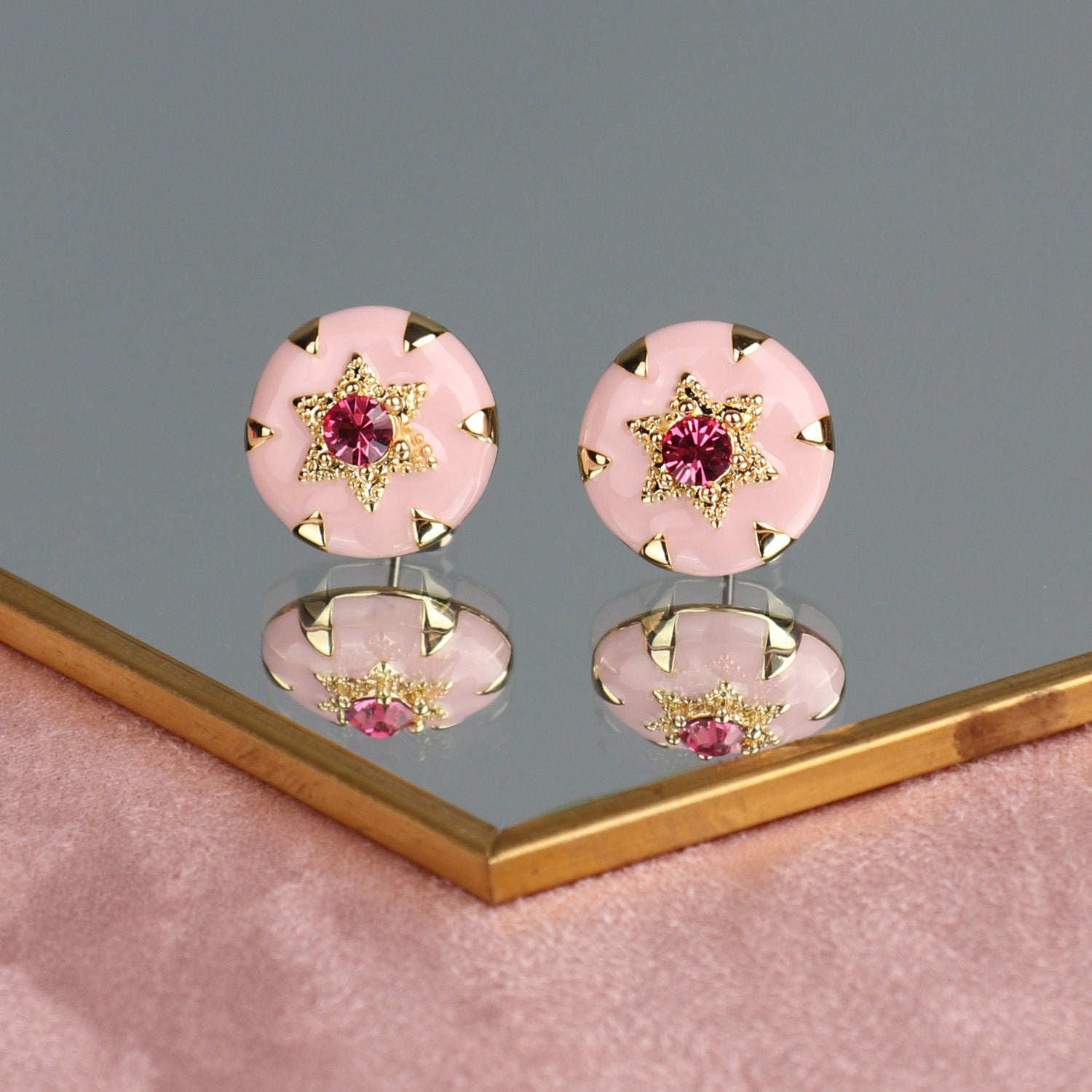 Gold Plated Circular Pink Star Detail Earrings
