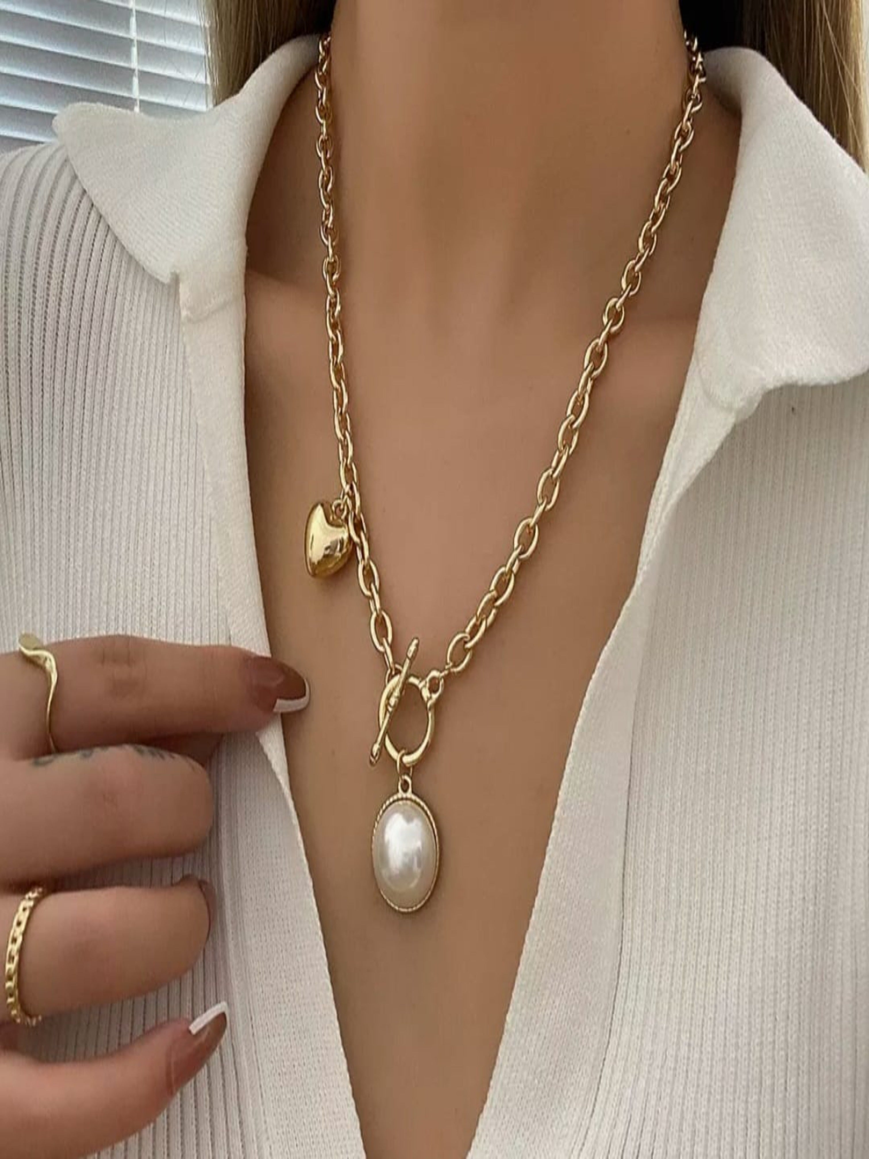 Gold Plated Pearl and Heart Pendant T-Bar Necklace