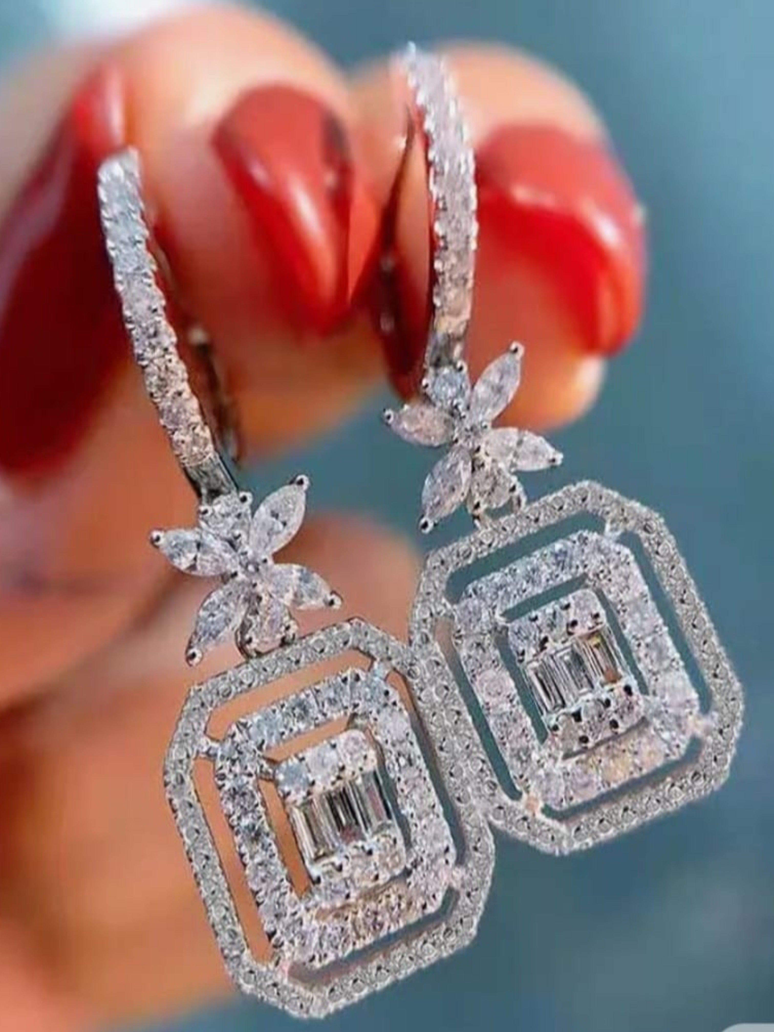 Silver Plated Diamanté Flower Square Drop Earrings