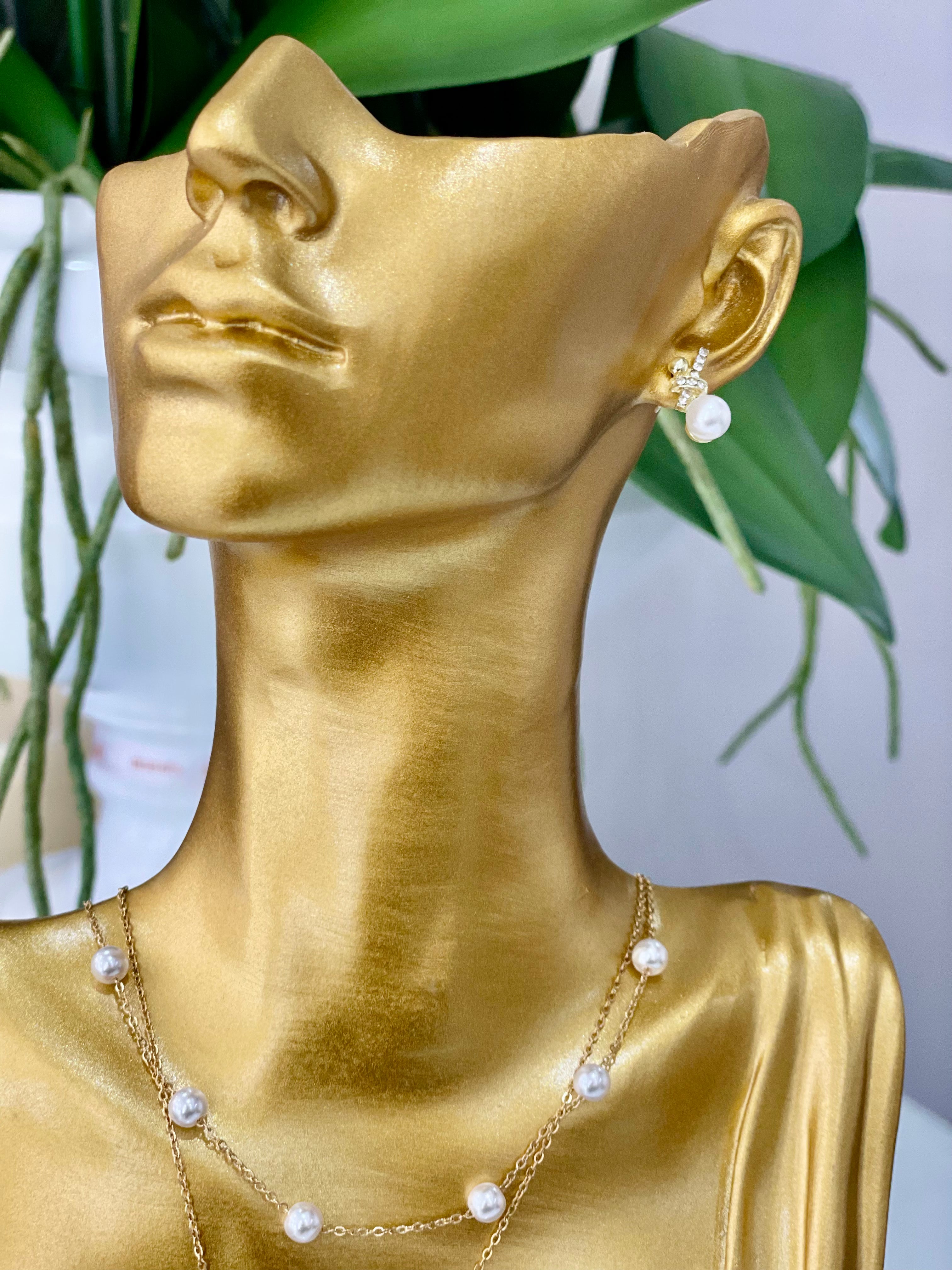 Gold Plated Diamanté Tie Pearl Earrings