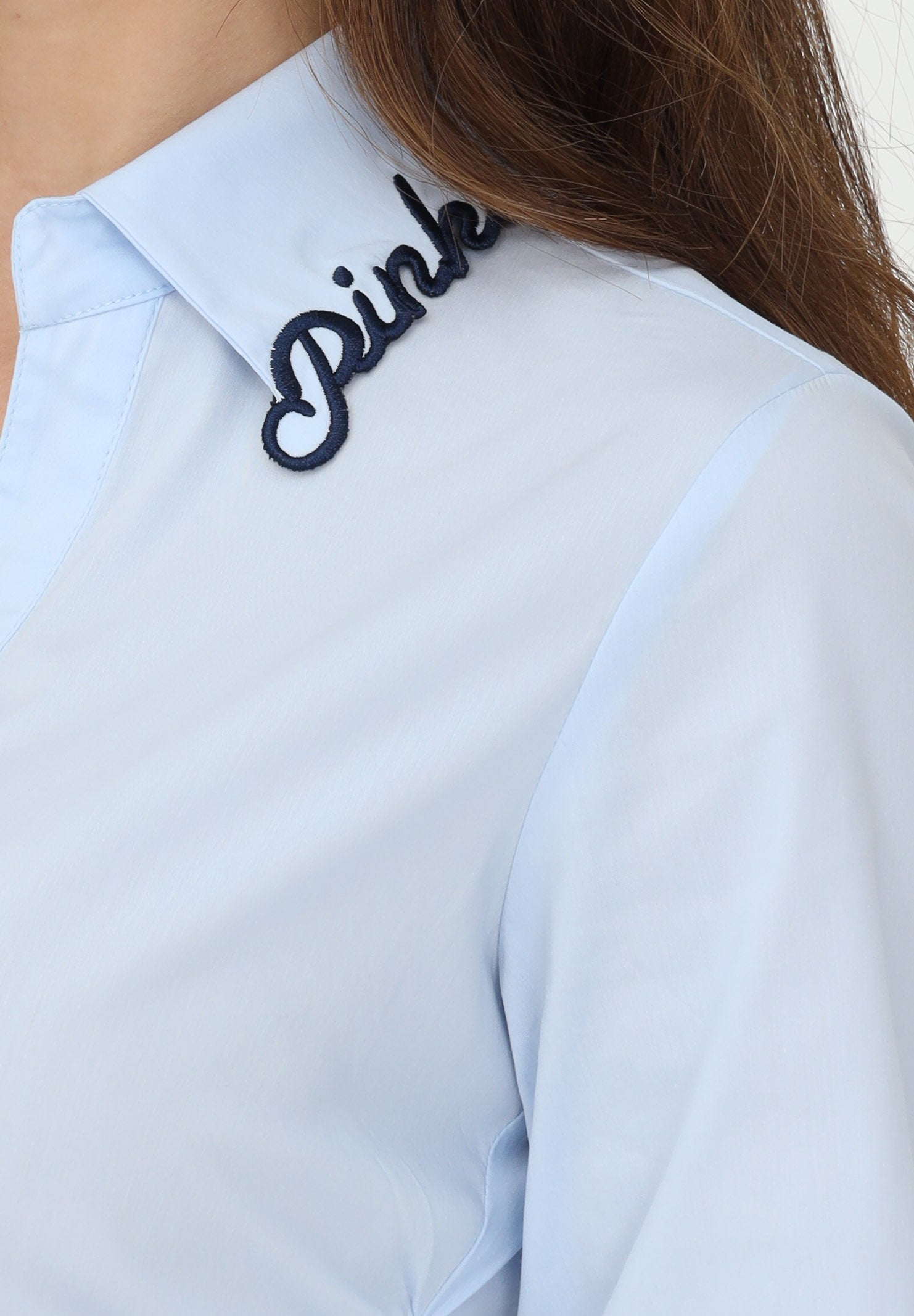 Pinko Light Blue Shirt with Navy Logo Collar Embroidery
