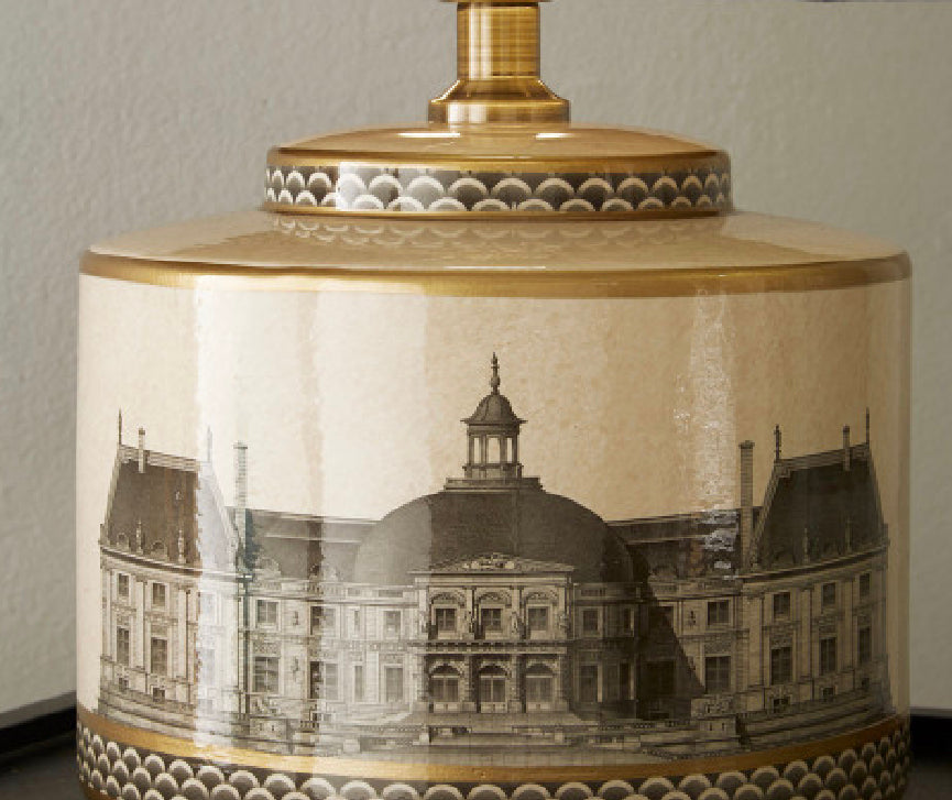 Wren Black and Cream Building Print Ceramic Table Lamp