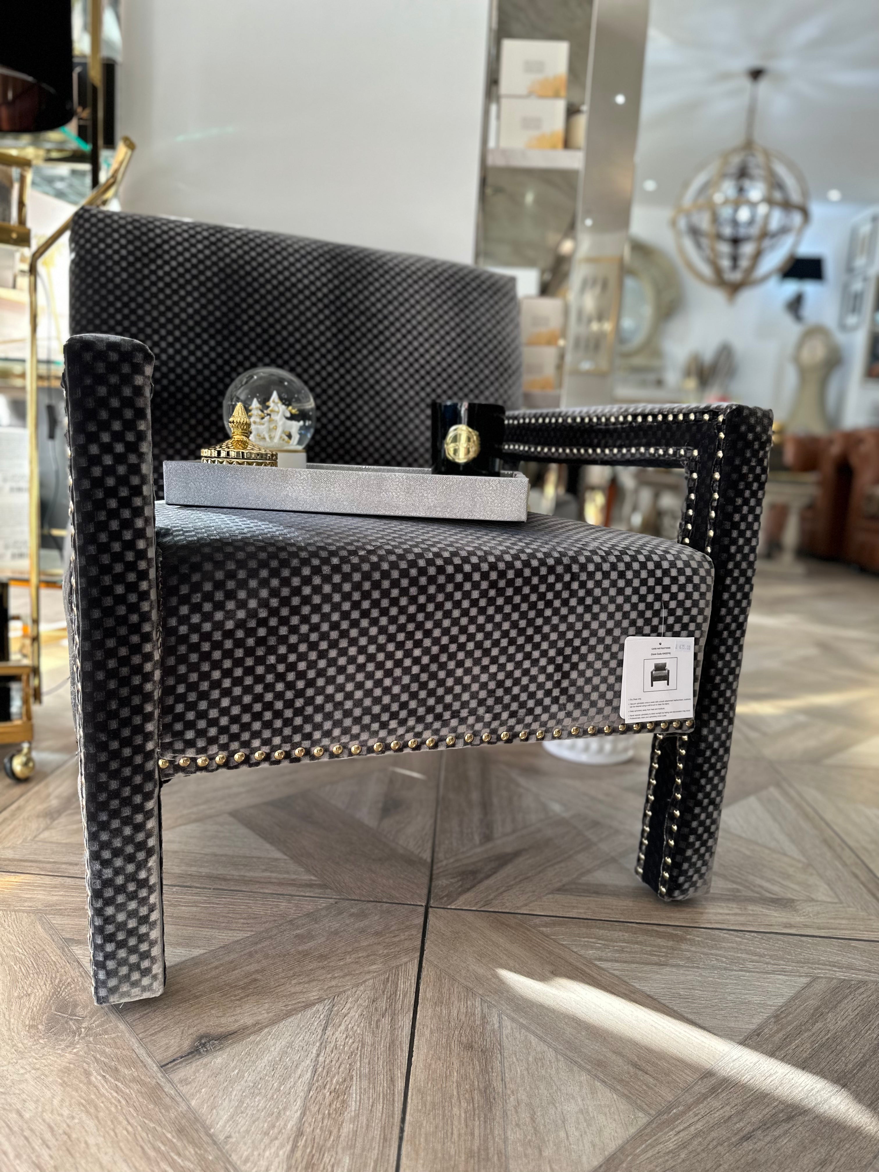 Brown Chequered Effect Velvet Studded Armchair