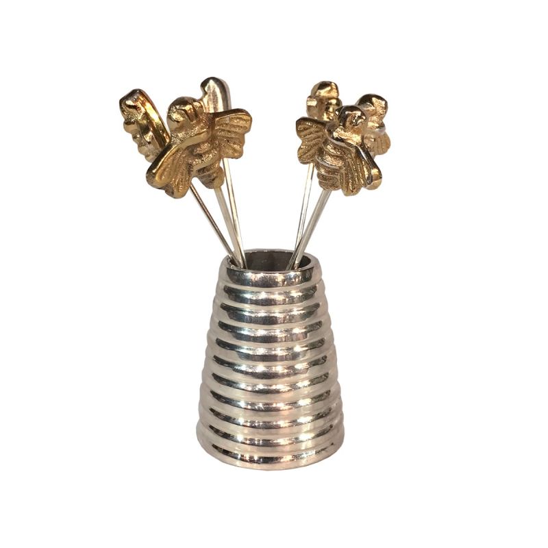Culinary Concepts Set of Six Gold Queen Bee Olive Picks in Silver Honeycomb Casing