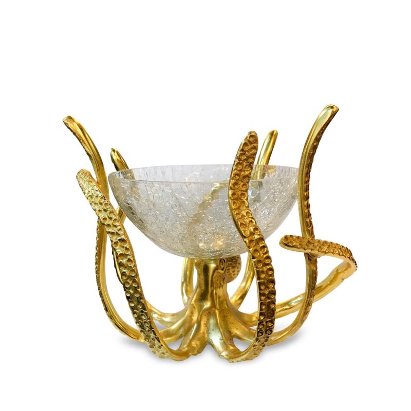 Culinary Concepts Medium Gold Octopus Stand and Crackle Glass Bowl