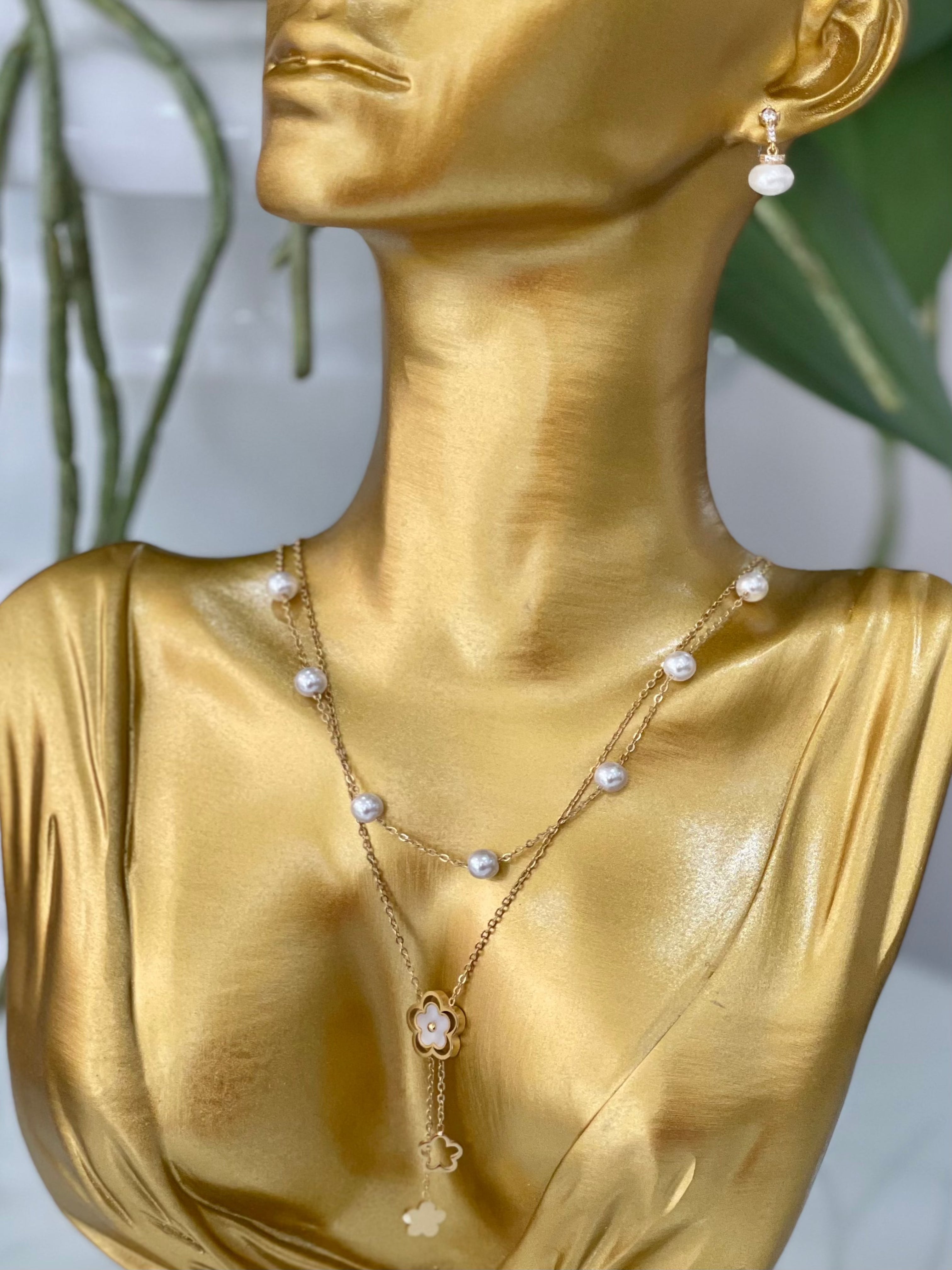 Gold Plated Double Chain Necklace with Pearl Detail and Flower Pendant