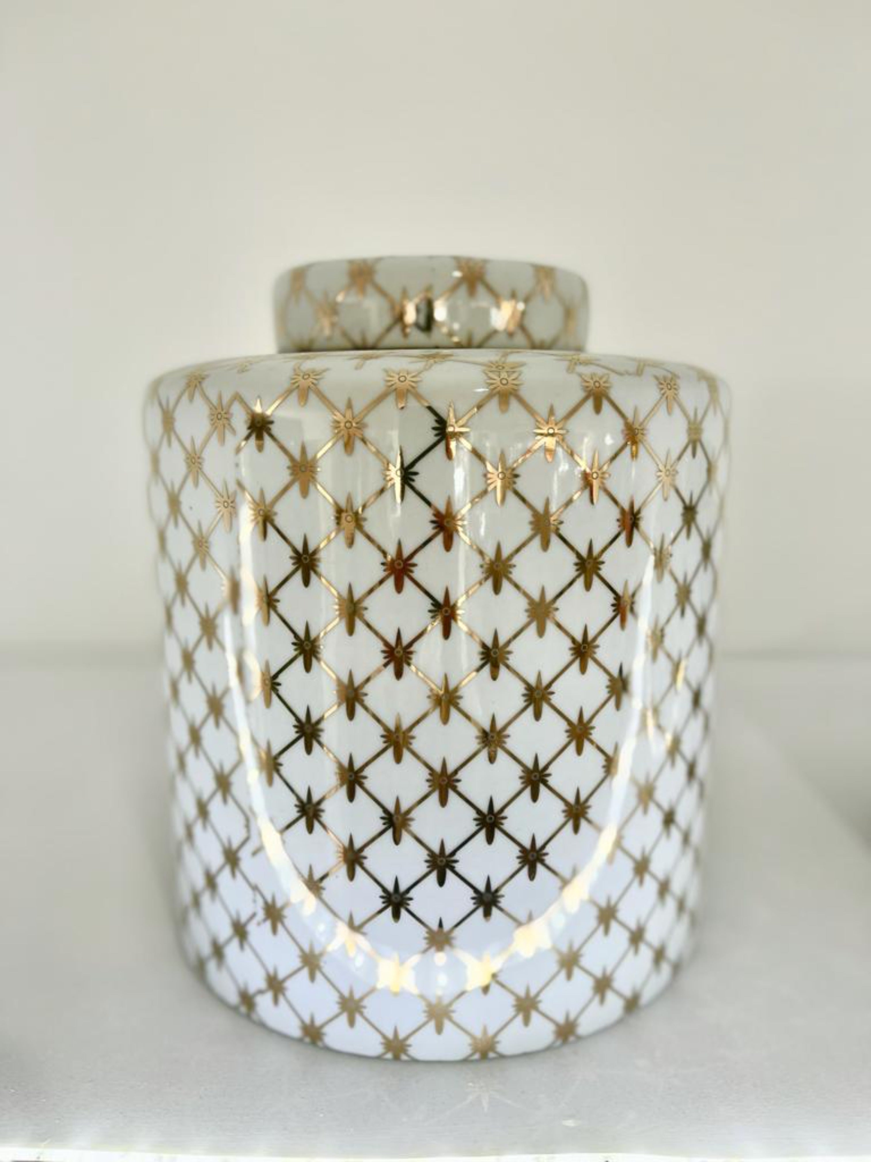 Gold and White Cross Patterned Ceramic Tea Jar