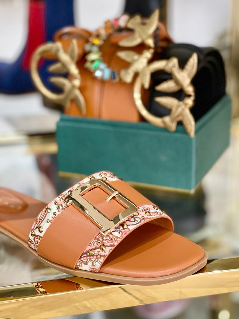 Tan Luna Lawson Mule with Paisley Print and Gold Decorative Buckle