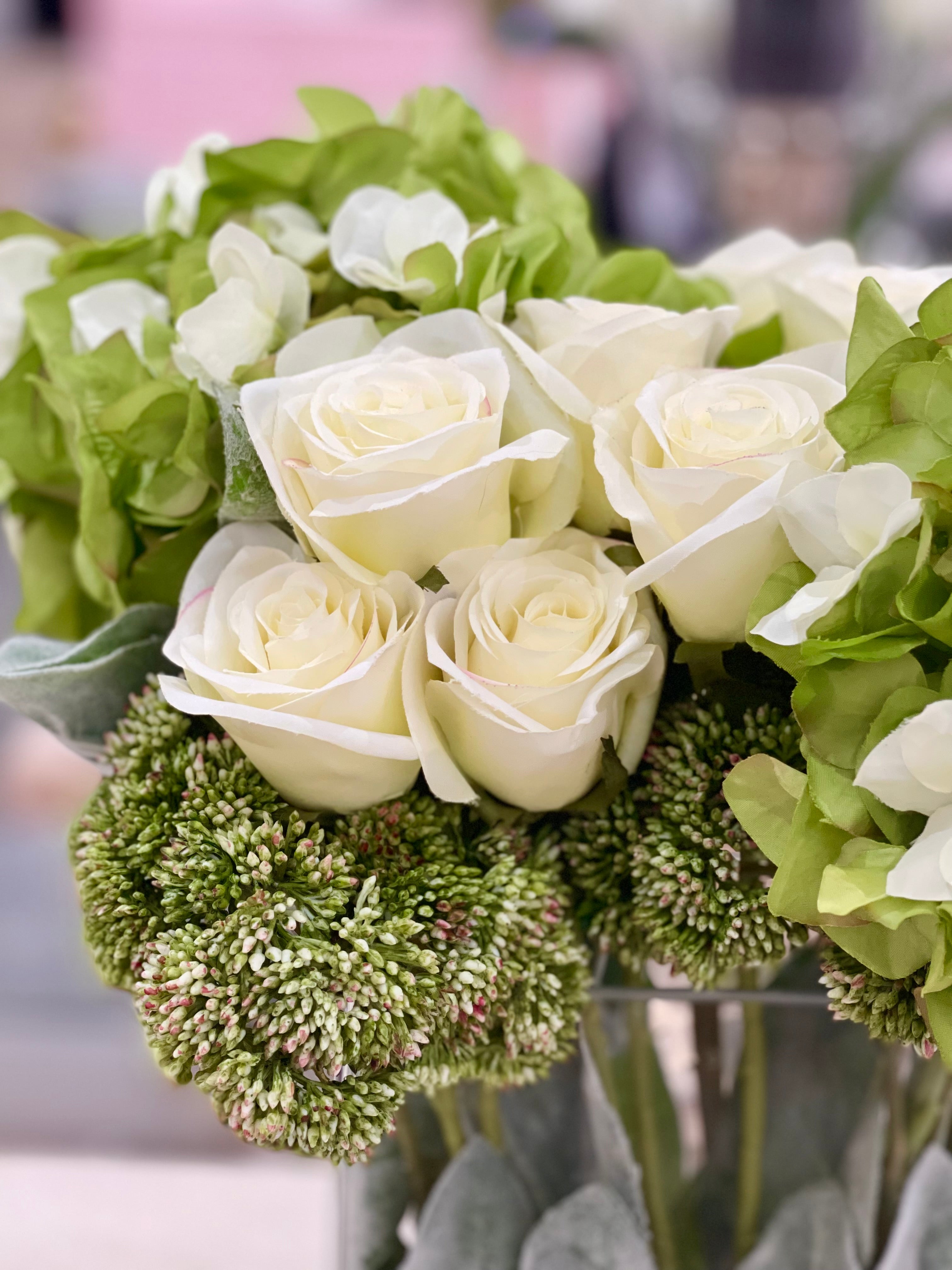 Faux Cream Rose, Hydrangea and Sedum Arrangement