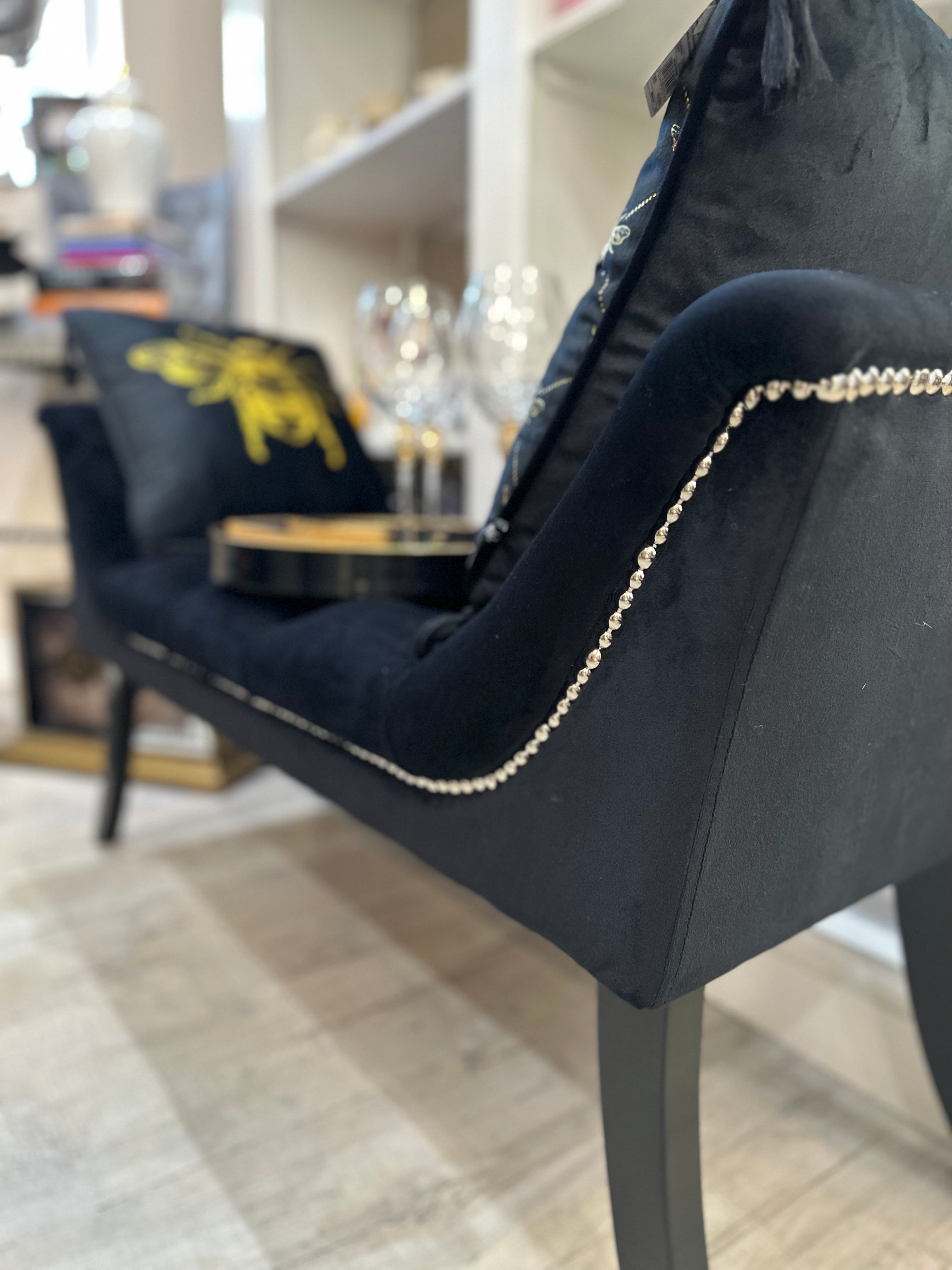 Black Velvet Bench Haven with Wooden Legs and Metal Stud Detailing