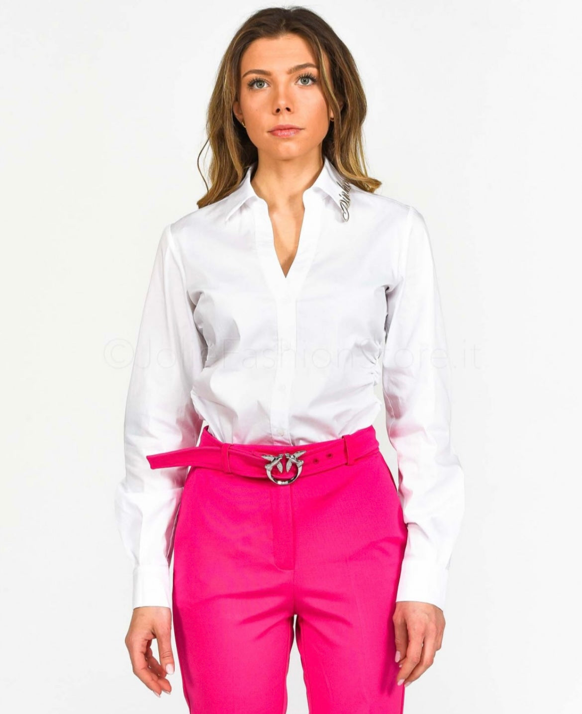Pinko White Shirt with Silver Logo Collar Embroidery