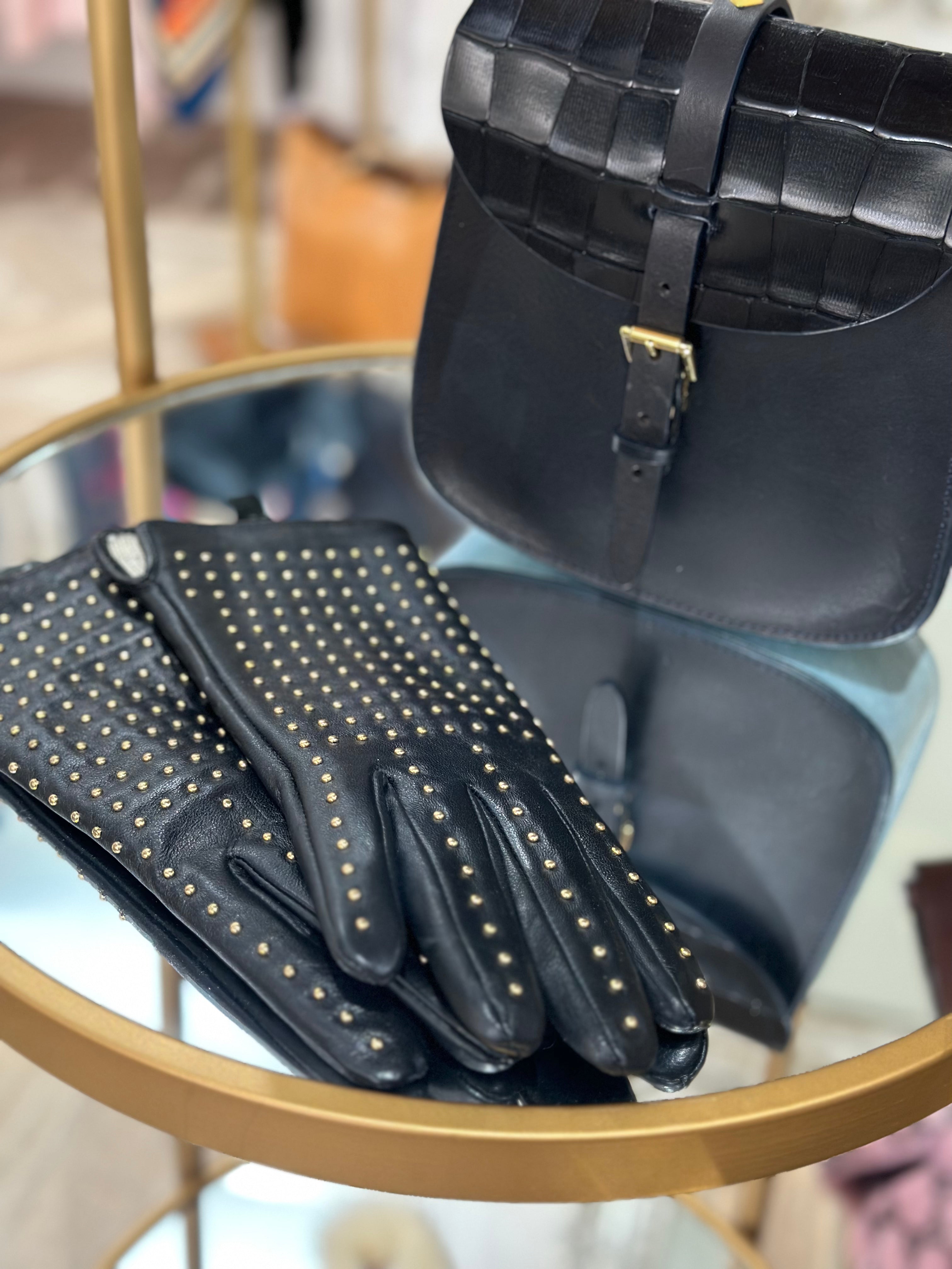 black leather gloves gold studs