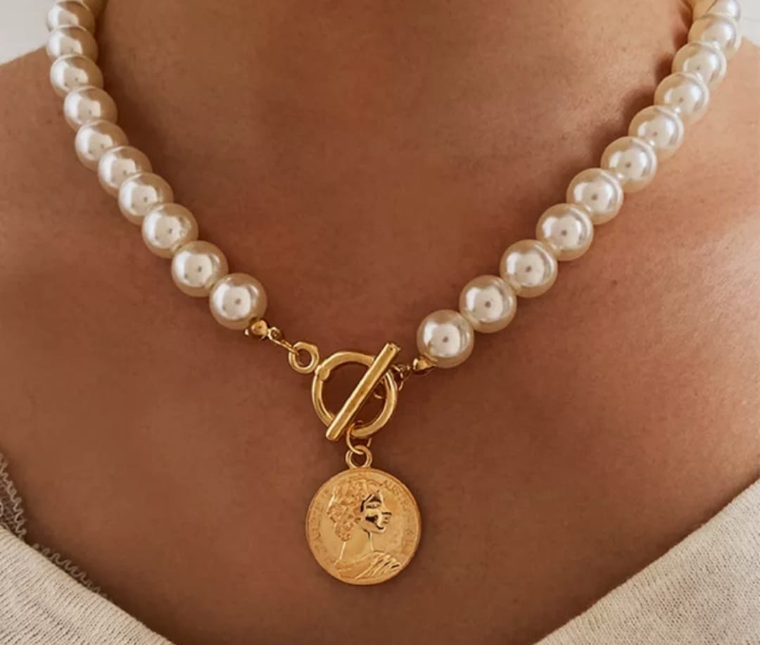Gold Plated Pearl T-Bar Necklace with Coin Pendant