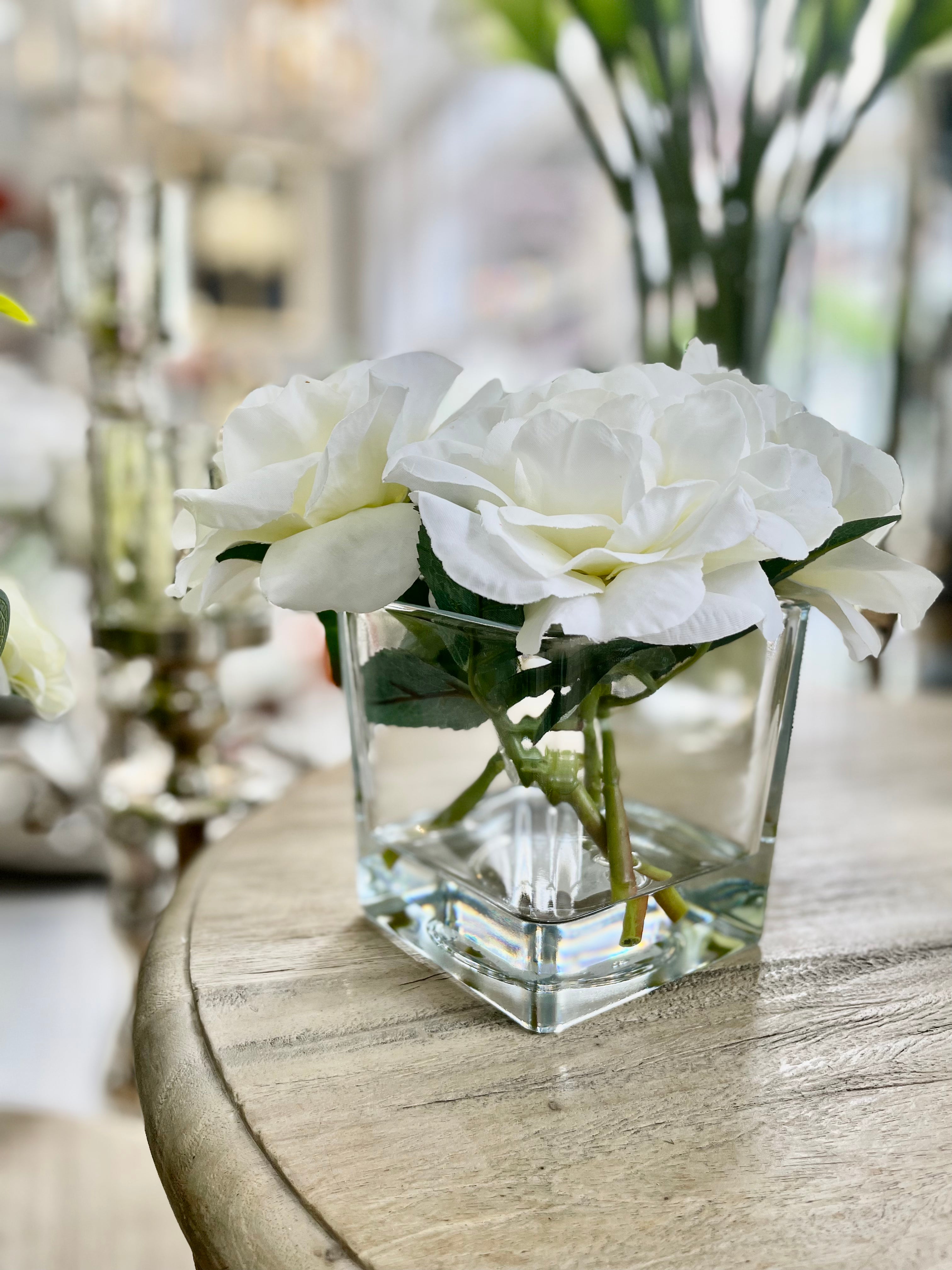 White Rose Arrangement in Glass Cube Vase