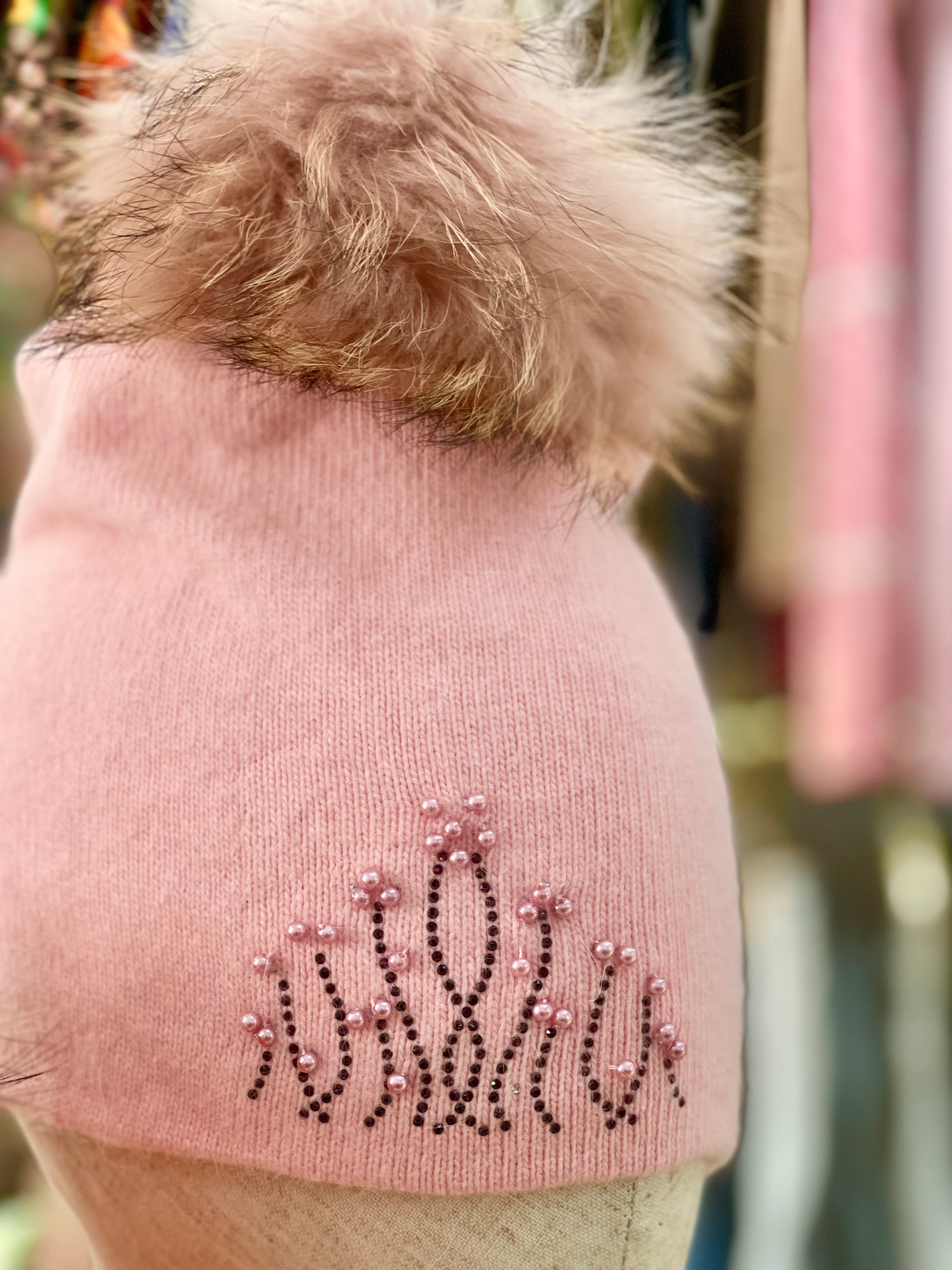 Pink Wool Pom-Pom Hat with Pink Pearl Detail