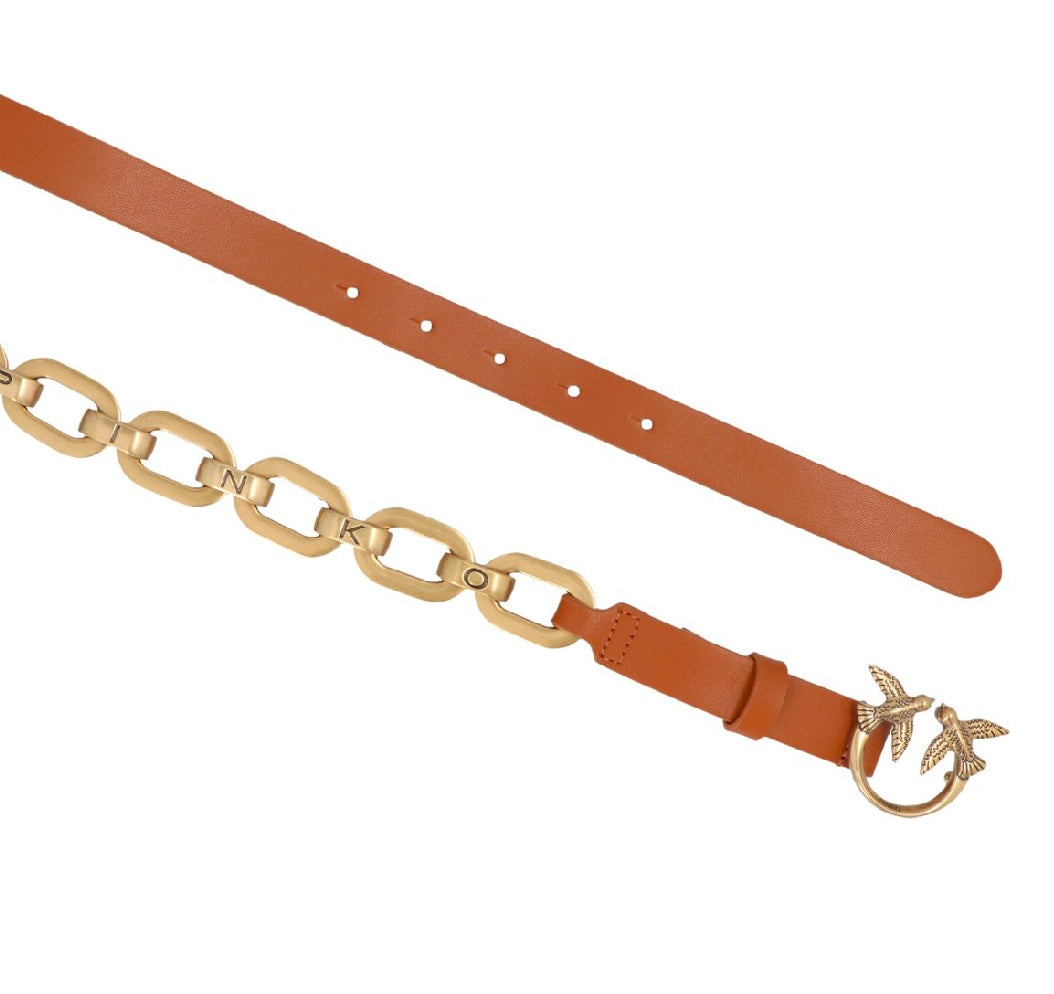Pinko Camel Brown Love Birds Leather Large Chain Belt