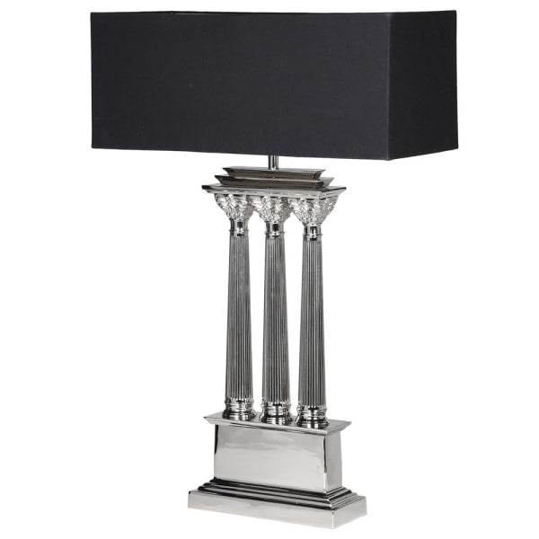 Three Pillar Silver Table Lamp with Black Linen Shade