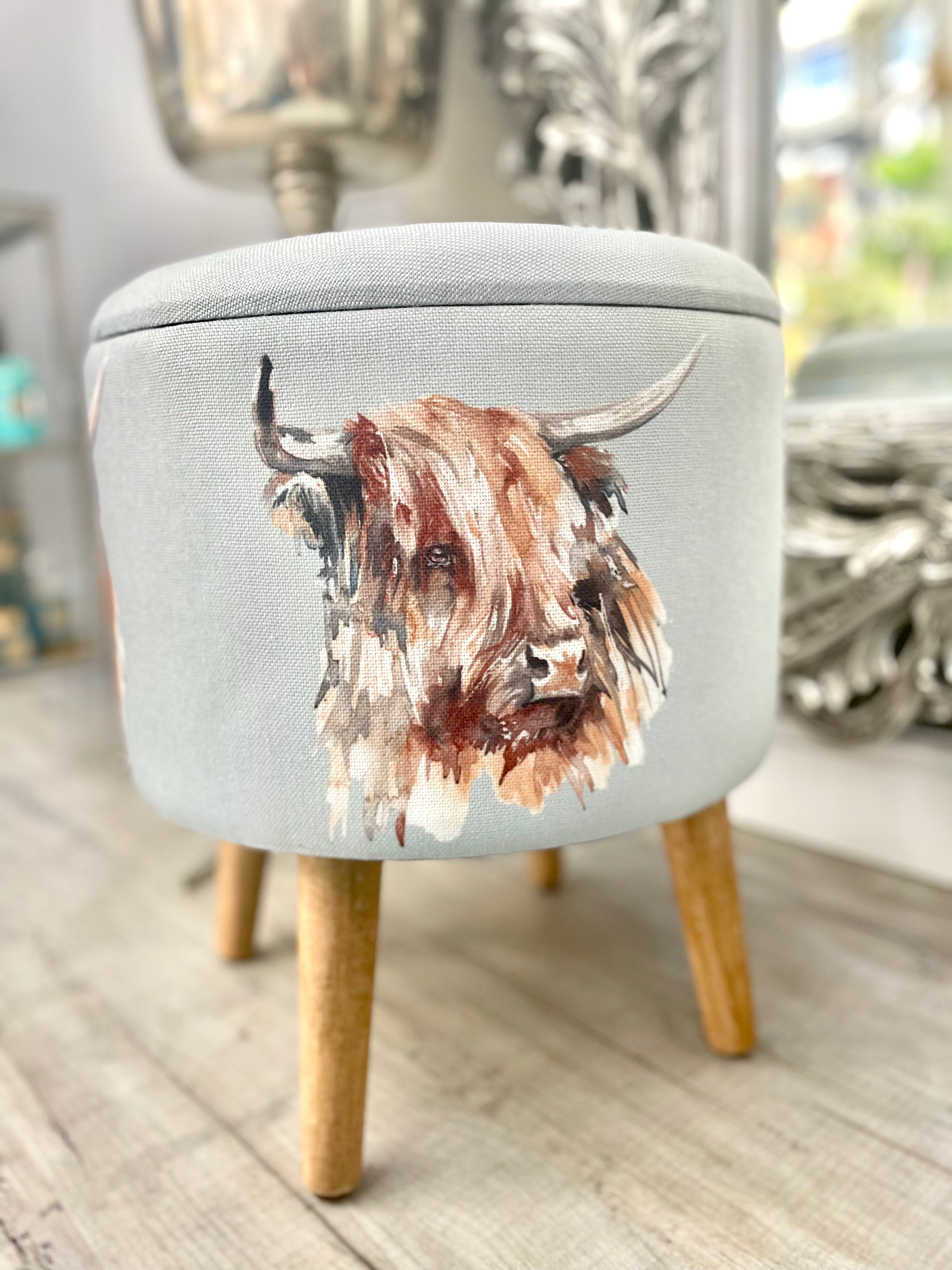 Pale Blue Highland Cow Storage Footstool