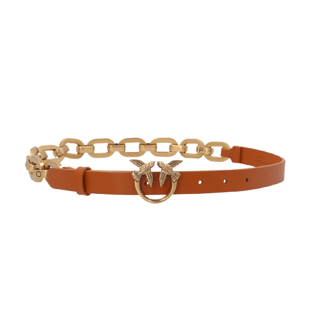 Pinko Camel Brown Love Birds Leather Large Chain Belt