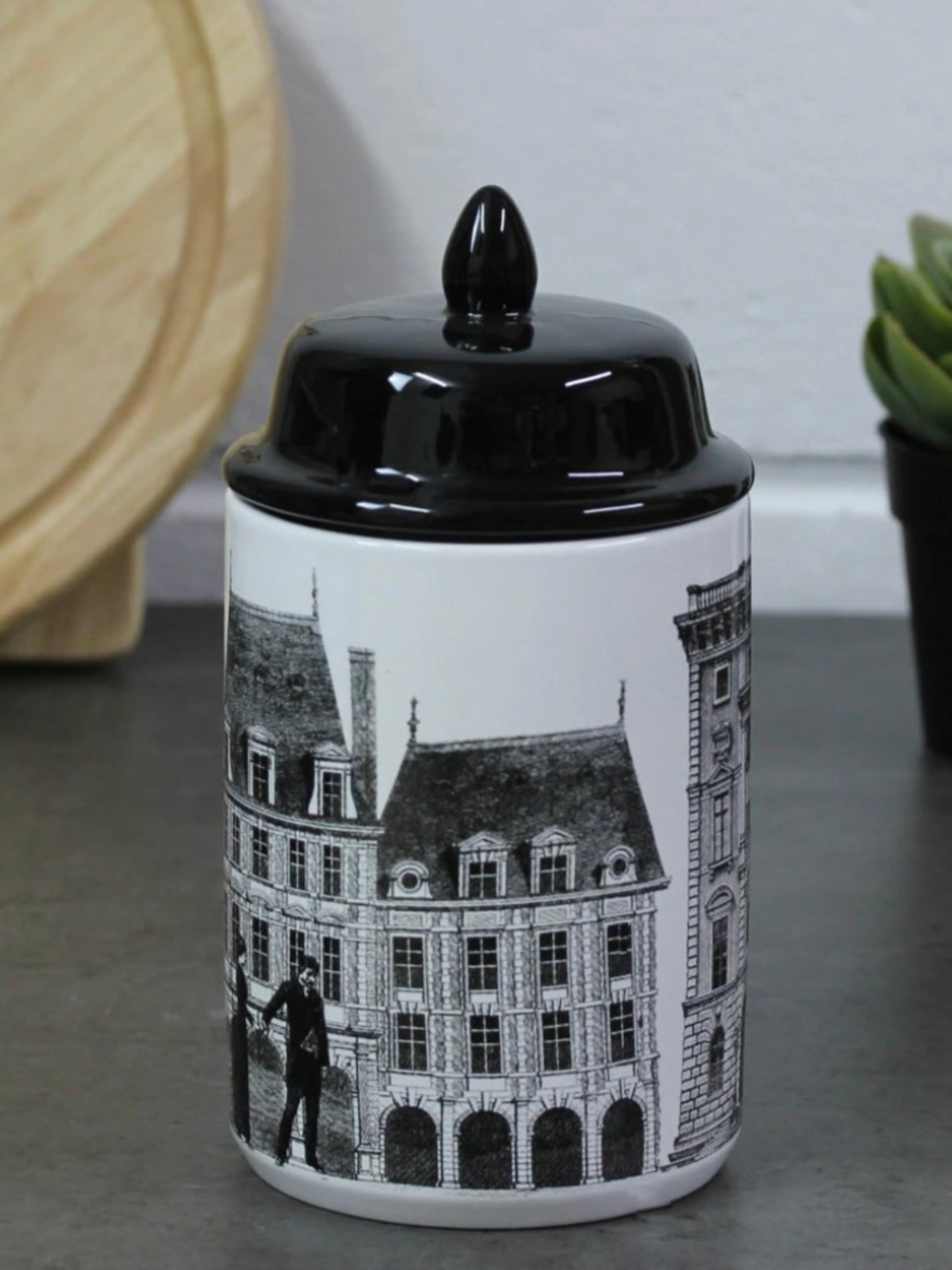 Monochrome Vintage Building Design Storage Jar