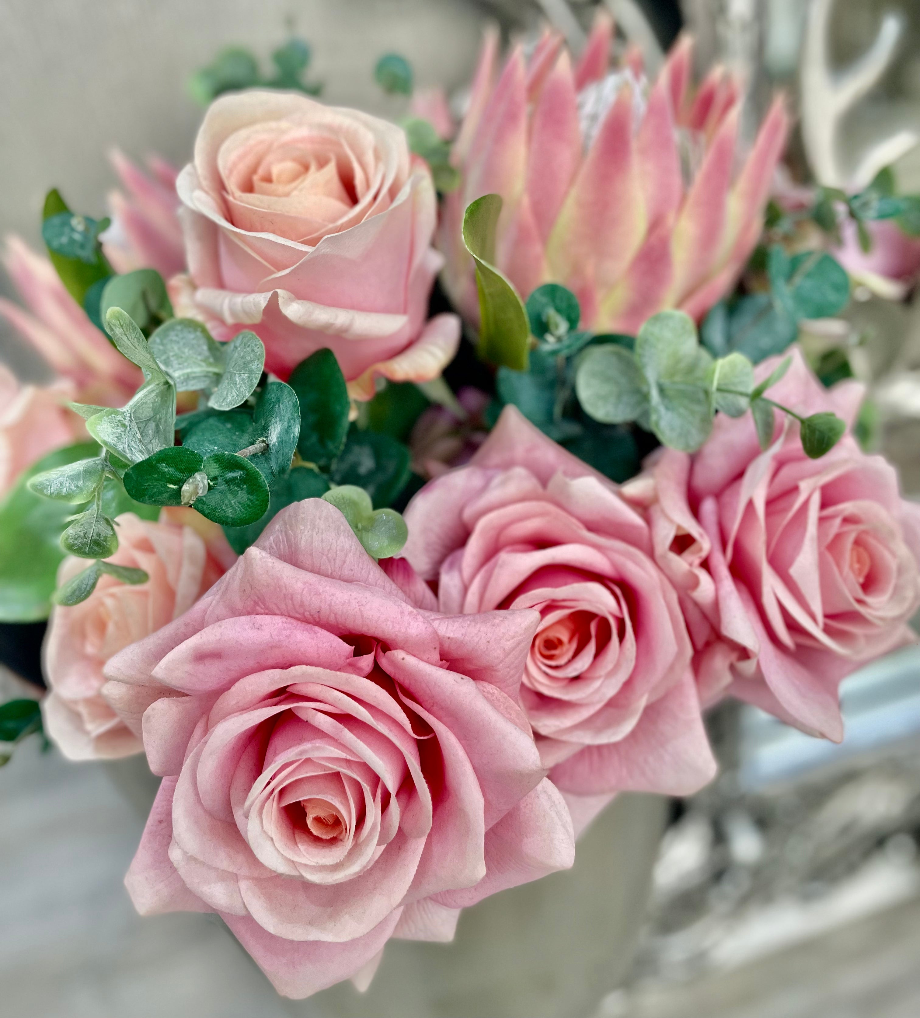 Faux Protea, Rose and Eucalyptus Bouquet Arrangement