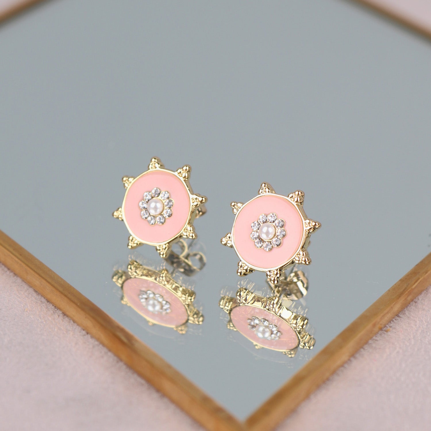 Gold Plated Circular Pink Detail Earrings
