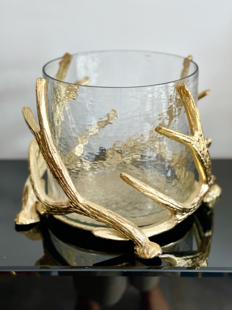 Culinary Concepts Large Gold Finish Antler Hurricane With Hammered Glass
