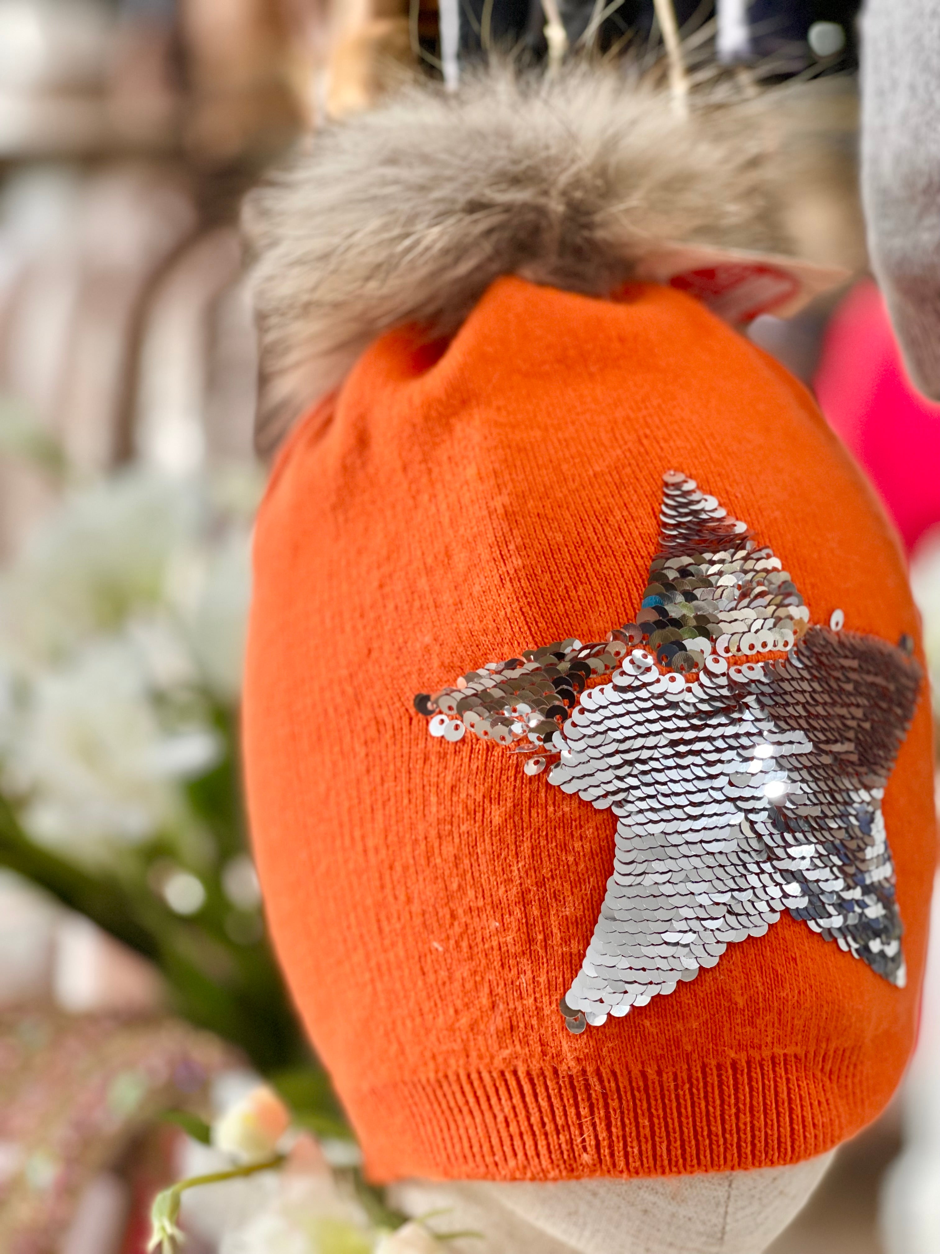 Orange Wool Pom Pom Hat with Sequin Star