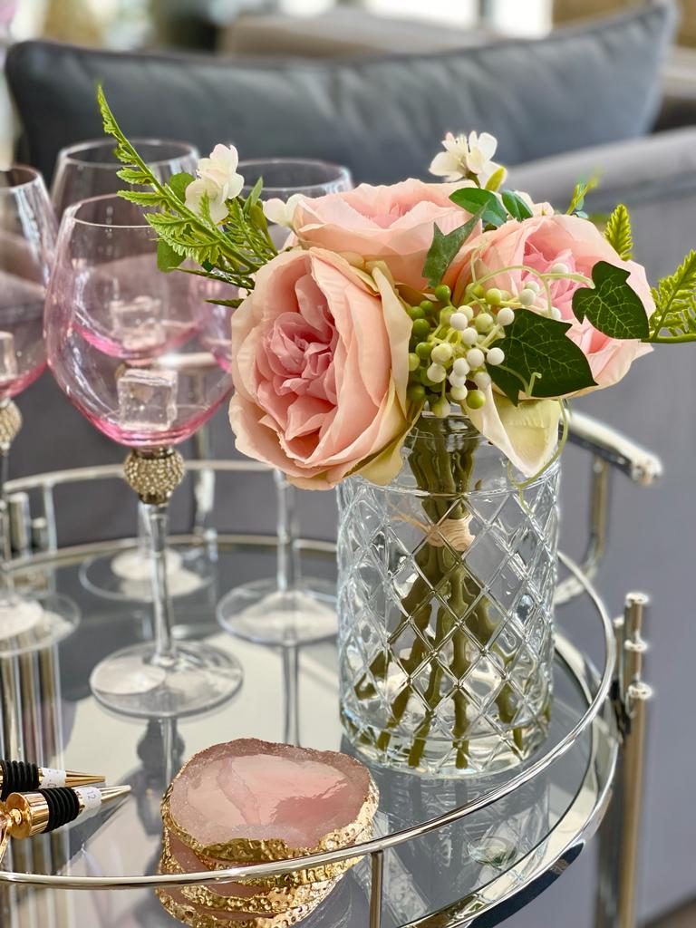 Faux Pink Rose and Foliage Bouquet Arrangement