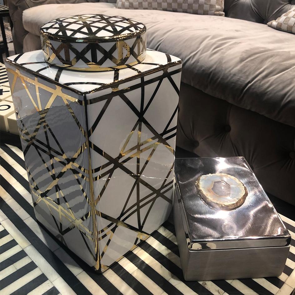 White and Gold Geometric Patterned Tea Jar