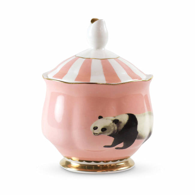 Yvonne Ellen Pastel Pink Lidded China Sugar Bowl with Panda Illustration