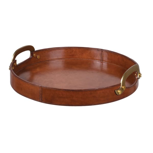 Brown Leather Round Tray with Handles