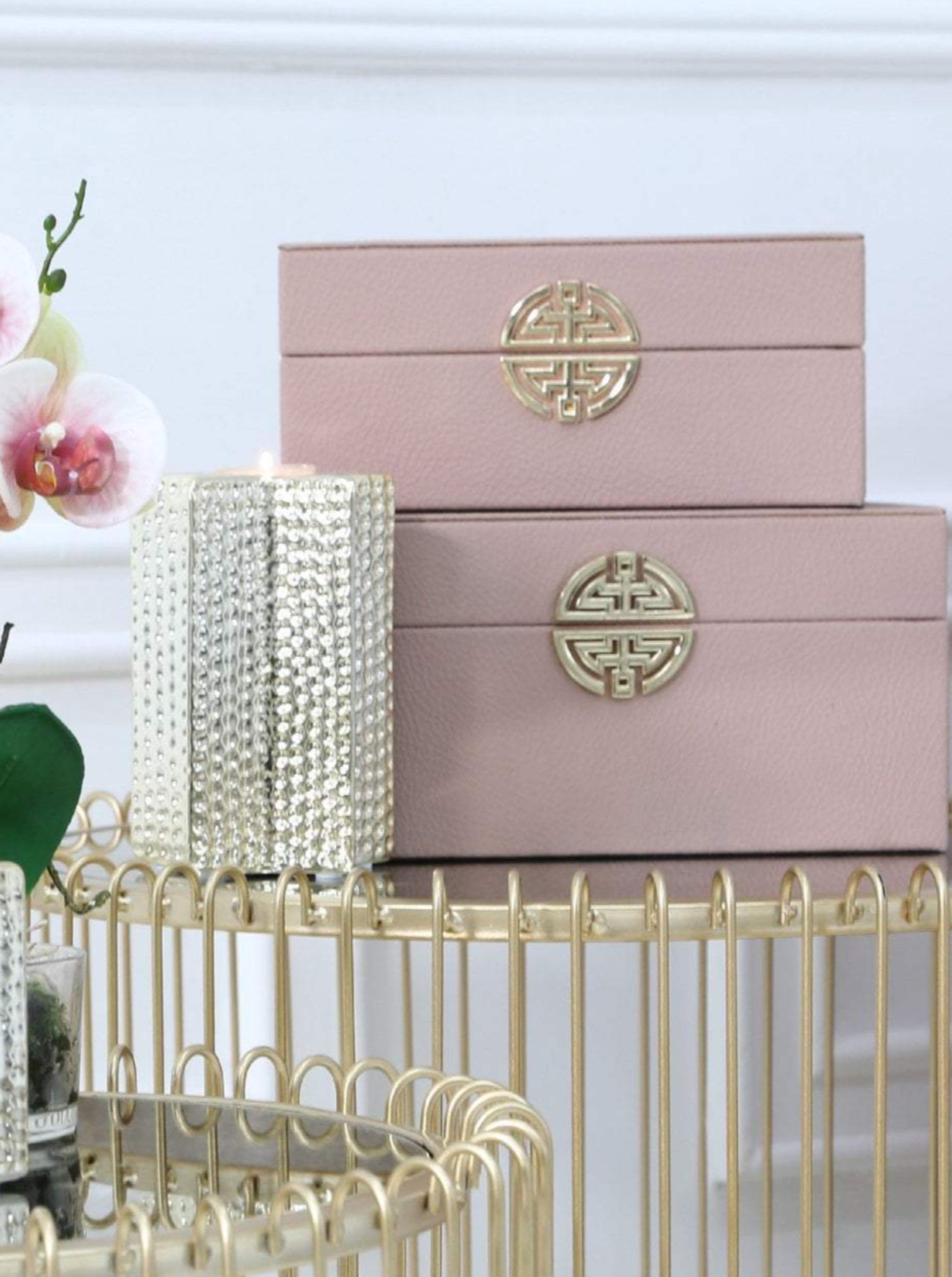 Set of Two Pink Faux Leather Storage Boxes with Gold Detail