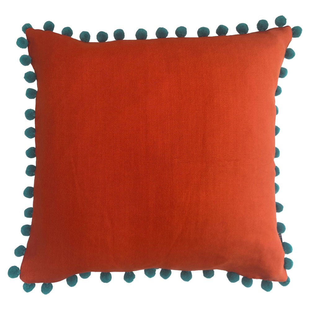 Bohemian Style Velvet Pom Pom Tasselled Cushion in Orange and Blue