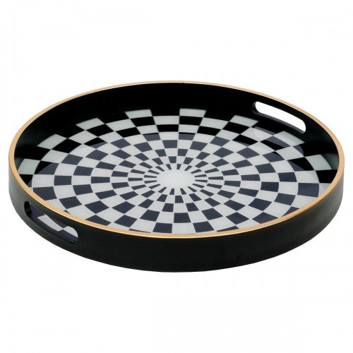 Black Circular Tray with Chequer Design