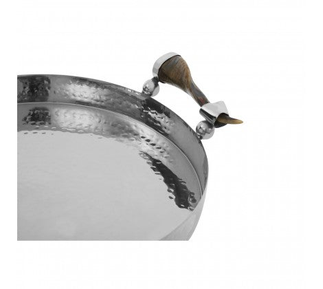 Silver Round Tray with Horn Handle Detail