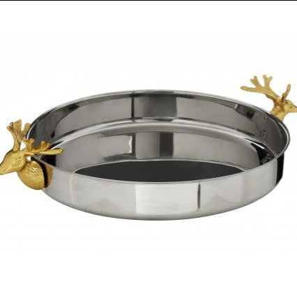 Silver Mirrored Tray with Gold Stag Head Detail