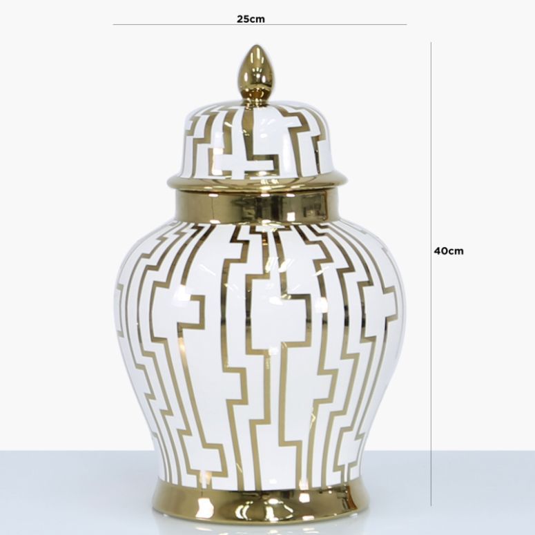 White and Gold Geometric Patterned Ginger Jar